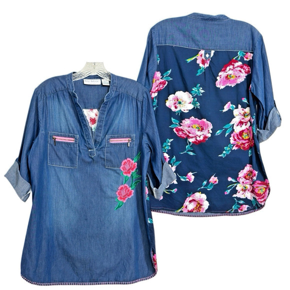 Mix Media Chambray Tunic Top Women S Embroidered Floral Artsy Cottage Bleu Bayou - Picture 1 of 15